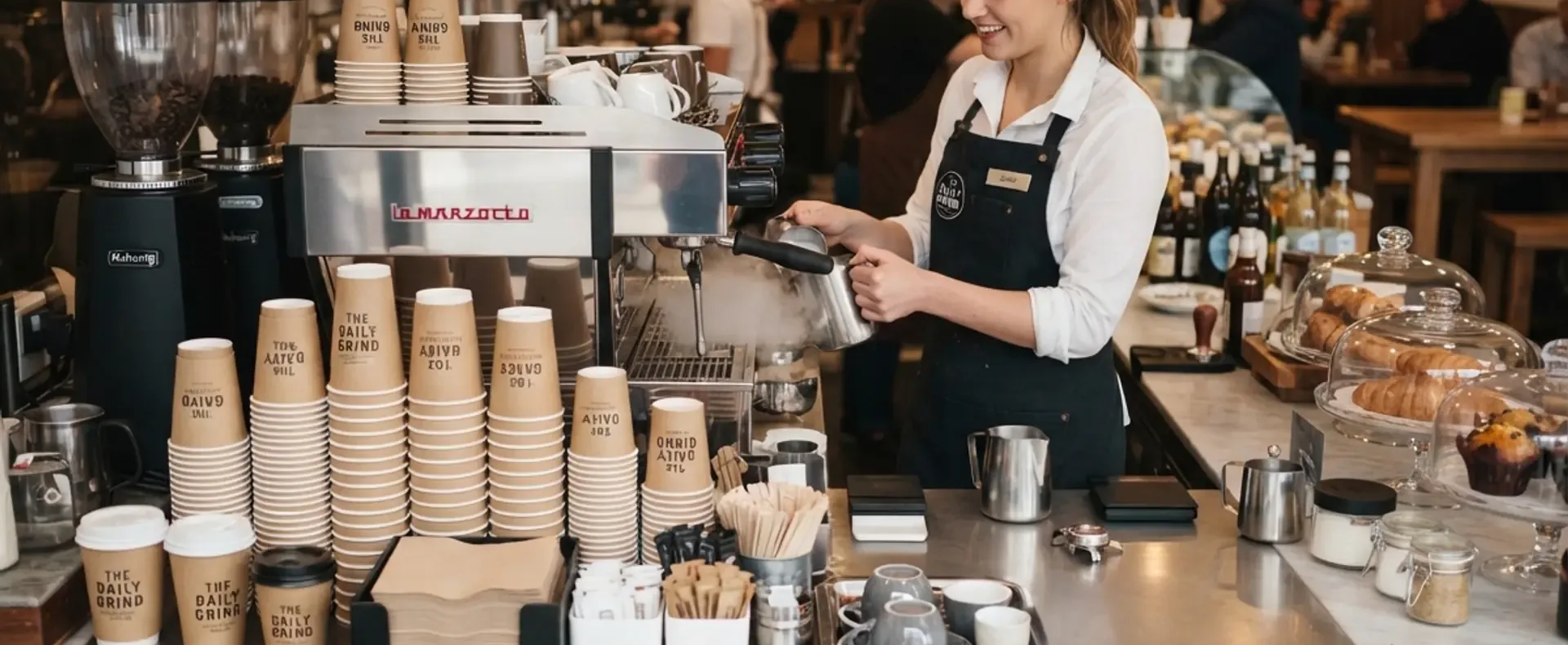 Karton bardakların dizildiği kafe tezgâhında kahve hazırlayan barista